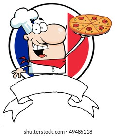 Cartoon Logo-Proud Chef Holds Up Pizza In Front Of Flag Of France