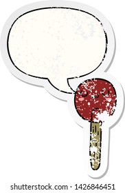 caricatura lollipop con una burbuja de habla angustiada pegatina vieja