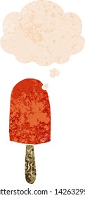 cartoon lollipop with thought bubble in grunge distressed retro textured style