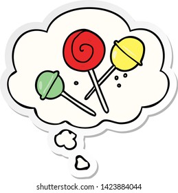 caricatura lollipop con burbuja de pensamiento como pegatina impresa