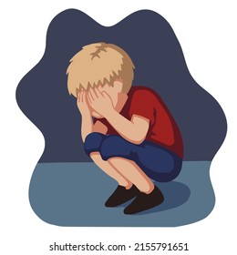 Cartoon lonely crying boy covered his face with his hands. Vector flat illustration. Depressed child sits alone