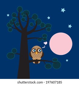 Cartoon lonely owl sitting on tree at the night and dreaming about  love. The moon and stars on the background. Vector illustration. May be used for a print, invitation, or whatever you like.