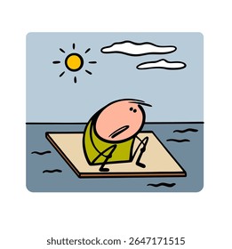 Cartoon lonely traveler sits on a raft in the middle of the ocean and suffers. Vector illustration of a shipwrecked man, victim of a disaster and a storm at sea. Hungry, thirsty.
