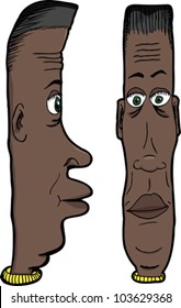 Cartoon of long faced Black man with green eyes