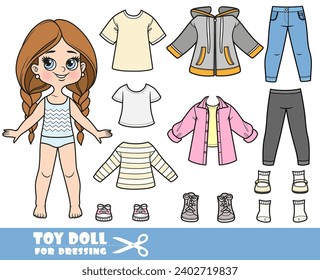 Cartoon long hair braided girl and clothes separately -  dresses, t-shirts and shirt, jacket, leggings, jeans and sneakers doll for dressing