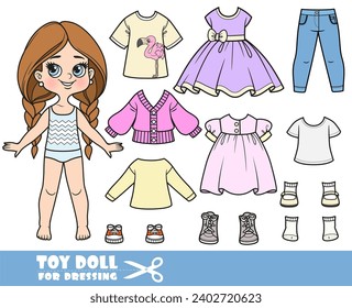 Cartoon long hair braided girl and clothes separately -  dresses, t-shirts,jacket, jeans and sneakers doll for dressing 