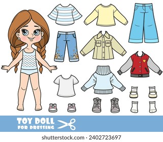 Cartoon long hair braided girl and clothes separately -  denim jacket, sweater, bomber, breeches, shirt, jeans and sneakers doll for dressing