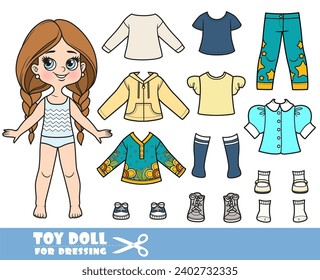 Cartoon long hair braided girl and clothes separately -  shirt, tunic, jacket, high socks, elegant blouse, jeans with stars and sneakers doll for dressing