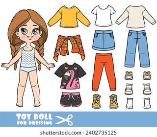 Cartoon long hair braided girl and clothes separately -  flamingo t-shirt, long sleeve, knotted plaid shirt, denim skirt, short shorts, jeans and sneakers doll for dressing