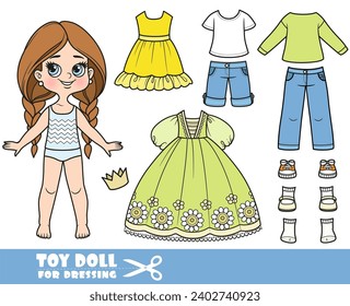 Cartoon long hair braided girl and clothes separately -  embroidered  Princess ball gown with crown, casual dress, denim shorts, jeans and sneakers