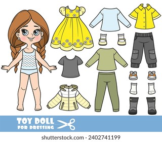 Cartoon long hair braided girl and clothes separately -  long sleeves, breeches, boots, insulated jacket , casual dress, jeans and sneakers