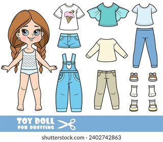 Cartoon long hair braided girl and clothes separately -  long sleeves, shirt, denim overalls, short shorts,jeans and sneakers