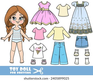 Cartoon long hair braided girl and clothes separately -  summer sundress, casual dress, shirt, jeans and sneakers doll for dressing 