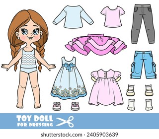 Caricatura de una chica trenzada de pelo largo y ropa por separado - vestido de verano, falda de tutu, camisa, jeans y zapatillas de muñeca para vestir