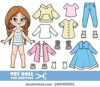 Caricatura de una chica y ropa trenzada de pelo largo por separado - vestido casual, capucha, túnica, camisa, jeans y zapatillas muñeca para vestir