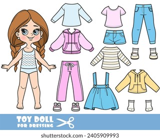 Cartoon long hair braided girl and clothes separately -  tracksuit, shorts, skirt with straps, jacket, shirt, jeans and sneakers doll for dressing svg