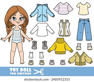 Cartoon long hair braided girl and clothes separately -  casual sweater, insulated vest, demi-season jacket, shirt, jeans and sneakers doll for dressing