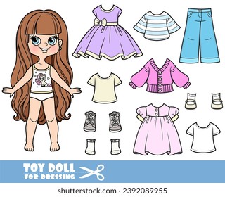 Cartoon long haired brunette girl and clothes separately - dresses, long sleeve, shirt, jeans and sneakers doll for dressing