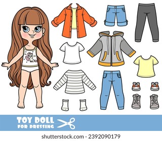 Cartoon long haired brunette girl and clothes separately - long sleeve, shirt, jeans and sneakers doll for dressing