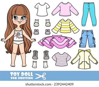 Cartoon long haired brunette girl and clothes separately - tutu skirt, long sleeve, shirt, shorts, jeans and sneakers doll for dressing