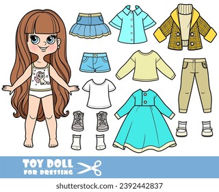 Cartoon long haired brunette girl and clothes separately - dress, long sleeve, shirt, short coat with sweater, jeans and sneakers doll for dressing