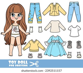 Cartoon long haired brunette girl and clothes separately - elegant dress, jumper, boots,  long sleeve, jeans and sneakers doll for dressing