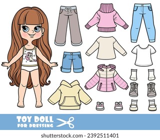 Cartoon long haired brunette girl and clothes separately - hoodie, sweatpants, shorts, long sleeve, jeans and sneakers doll for dressing