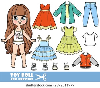 Caricatura de la morena de pelo largo y la ropa por separado - vestidos de verano, camisas, manga larga, vaqueros y zapatillas muñecas para vestir