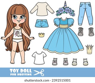 Cartoon-Mädchen mit langen Haaren und Kleidung einzeln - Kugelkleid für Prinzessin, Kronen und Tiara, Hemd, kurze Hosen, Jeans und Turnschuhe zum Anziehen