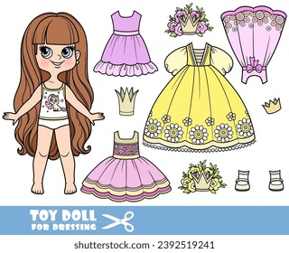 Cartoon-Langhaarige Brunettenmädchen und Kleidung einzeln - Kugelkleid für Prinzessin, Kronen und Tiara, Freizeitkleidern und Sandalen-Puppe zum Anziehen