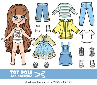 Cartoon long haired brunette girl and clothes separately - elegant dress, jacket, skirt, boots, long sleeve, jeans and sneakers doll for dressing