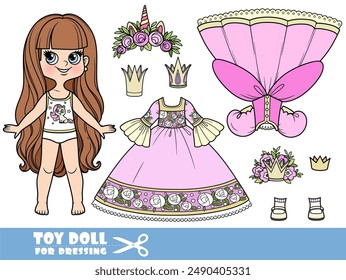 Caricatura de pelo largo morena niña y ropa por separado -vestidos de pelota para princesa, coronas y tiara con flores. Imagen producida sin el uso de ningún tipo de software de IA en ninguna etapa