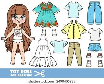 Cartoon langhaarige Brünette Mädchen und Kleidung getrennt - Kleid, Kleid, Hemden, Jeans und Sandalen. Bild, das in keiner Phase ohne Verwendung irgendeiner Form von KI-Software hergestellt wurde