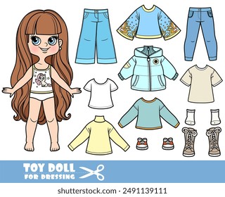 Cartoon long haired brunette girl and clothes separately - long sleeve, jacket, shirt, jeans and sneakers doll for dressing. Image produced without the use of any form of AI software at any stage