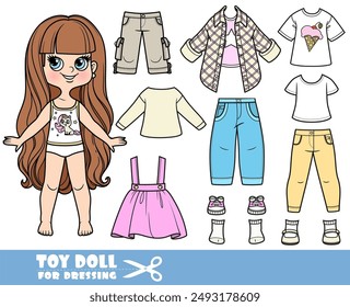 Cartoon long haired brunette girl and clothes separately - shirts, skirt, jeans and sandals . Image produced without the use of any form of AI software at any stage.