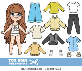 Cartoon long haired brunette girl and clothes separately - shirts, jeans and sandals basic wardrobe for autumn. Image produced without the use of any form of AI software at any stage.