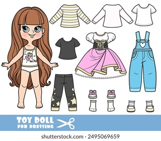 Cartoon long haired brunette girl and clothes separately - shirts,dirndl, jeans and sandals. Image produced without the use of any form of AI software at any stage.