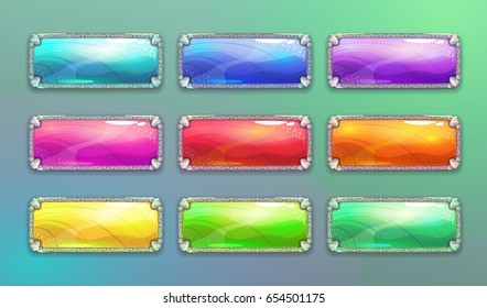 Cartoon long horizontal crystal buttons for web or game design. Vector shiny banners in medieval style. Colorful glossy GUI elements set.