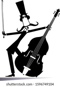 Cartoon long mustache cellist isolated illustration. Smiling mustache man in the top hat with cello and fiddlestick black on white illustration

