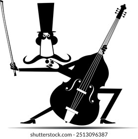 Cartoon long mustache cellist in the top hat. 
Smiling mustache man in the top hat with cello and fiddlestick. Black and white illustration
