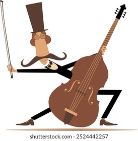 Cartoon long mustache cellist in the top hat. 
Smiling mustache man in the top hat with cello and fiddlestick. On white background
