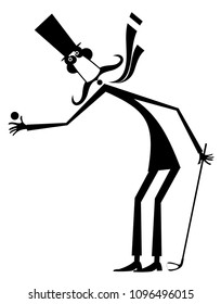 Cartoon long mustache golfer illustration isolated. Smiling mustache man in the top hat plays golf black on white illustration vector

