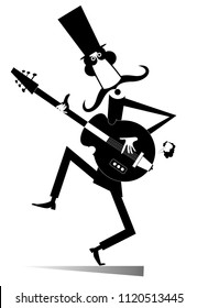 Cartoon long mustache guitarist is playing music illustration isolated. Mustache man in the top hat playing guitar silhouette black on white vector
