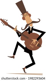 Cartoon long mustache guitarist is playing music illustration. 
Mustache man in the top hat playing guitar silhouette isolated on white
