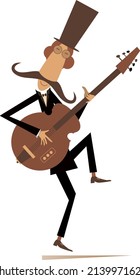 Cartoon long mustache guitarist is playing music illustration. 
Mustache man in the top hat playing guitar isolated on white background
