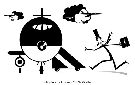 Cartoon long mustache man in the airport illustration. Scurrying long mustache man in the top hat with suitcase trying does not miss the flight black on white
