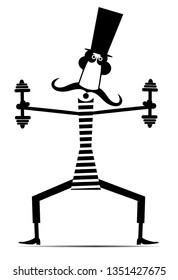 Cartoon long mustache man does exercises with dumbbells isolated illustration. Mustache man in the top hat dressed a striped athletic tights does exercises with dumbbells black on white
