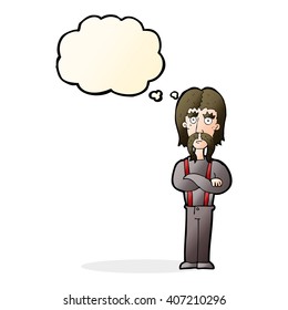 cartoon long mustache man with folded arms with thought bubble