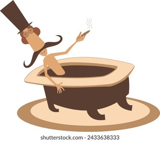 Cartoon long mustache man takes a bath and smokes a cigar. 
Comic long mustache man in the top hat lies in the bathtub and smokes a cigar
