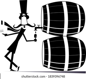 Cartoon long mustache man, wine, tuns illustration. Funny long mustache man in the top hat smokes a cigar and drinks wine from the big tun black on white
